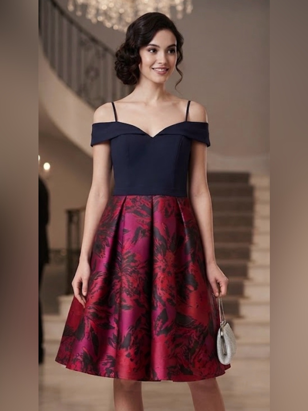 Morgan & Co. Navy Off-Shoulder Bodice with Burgundy Floral Skirt Dress Size 3/4